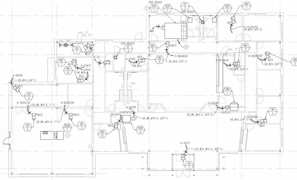 A crop of sheet E-201, the testing center power plan: unit heaters, VAV boxes, a rooftop unit and their circuits drawn over the floor plan.